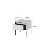 Bedside table size diagram: 46cm wide, 50cm high, 40cm deep, top and drawer
