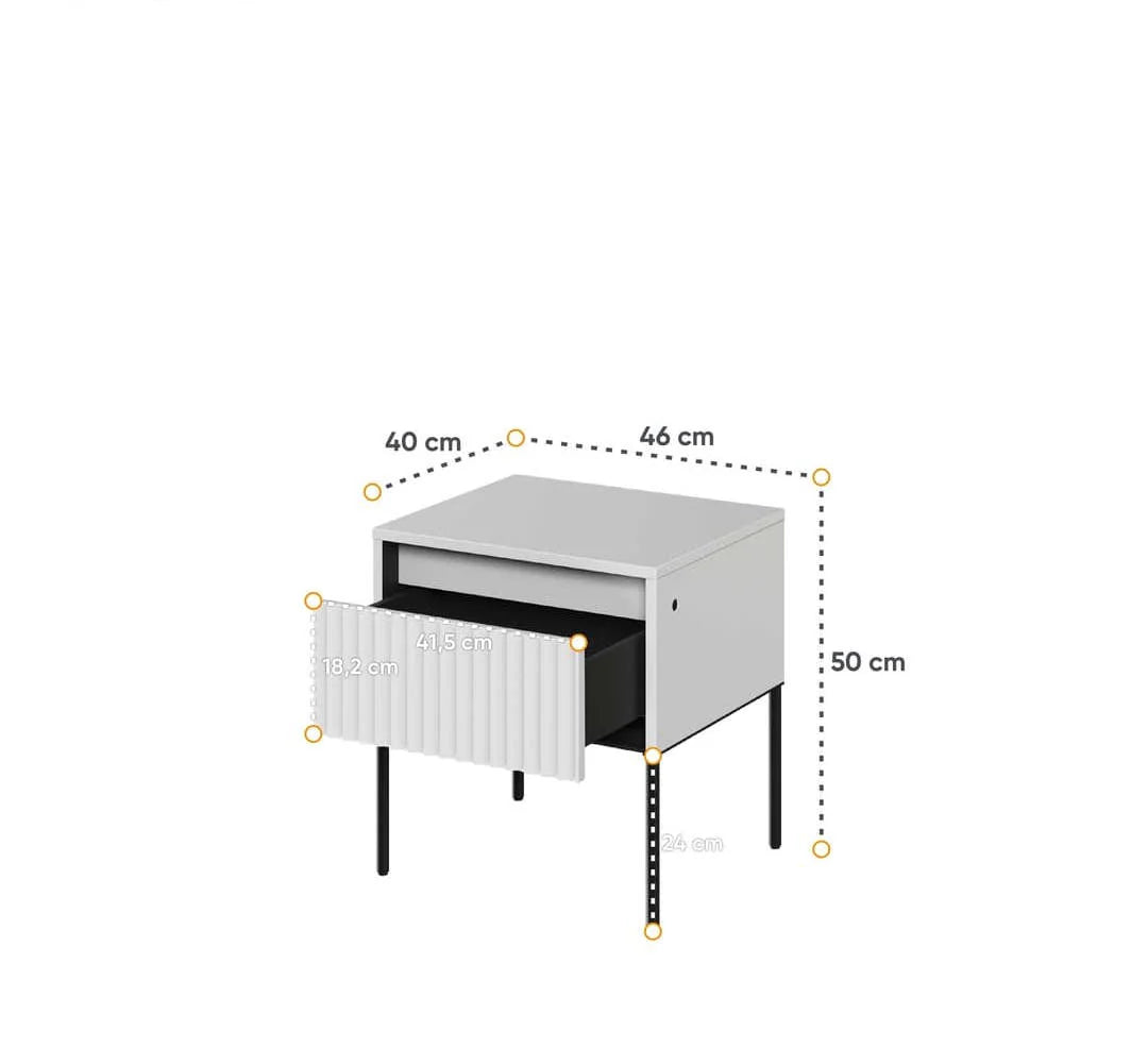 Bedside table size diagram: 46cm wide, 50cm high, 40cm deep, top and drawer