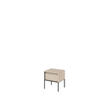 Small bedside cabinet with ribbed drawer front, beige wood tone and black legs