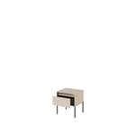 Beige bedside table with drawer and flat top, with black legs