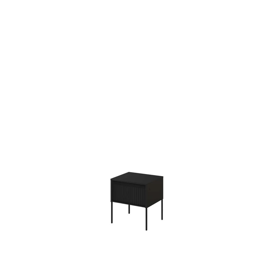 Small bedside cabinet with ribbed drawer front, dark black finish and black legs