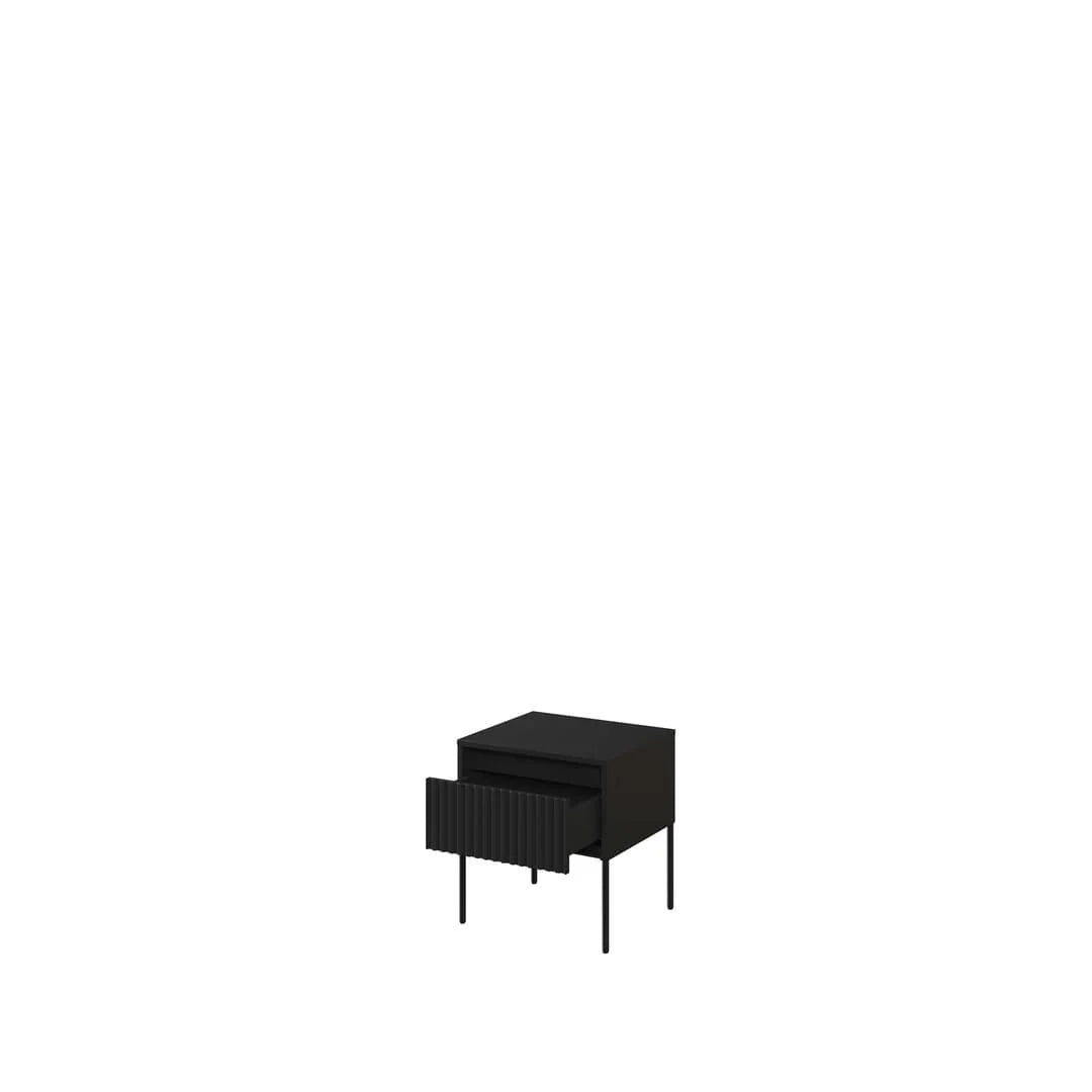 Small bedside cabinet with ribbed drawer front, black finish and slender black legs