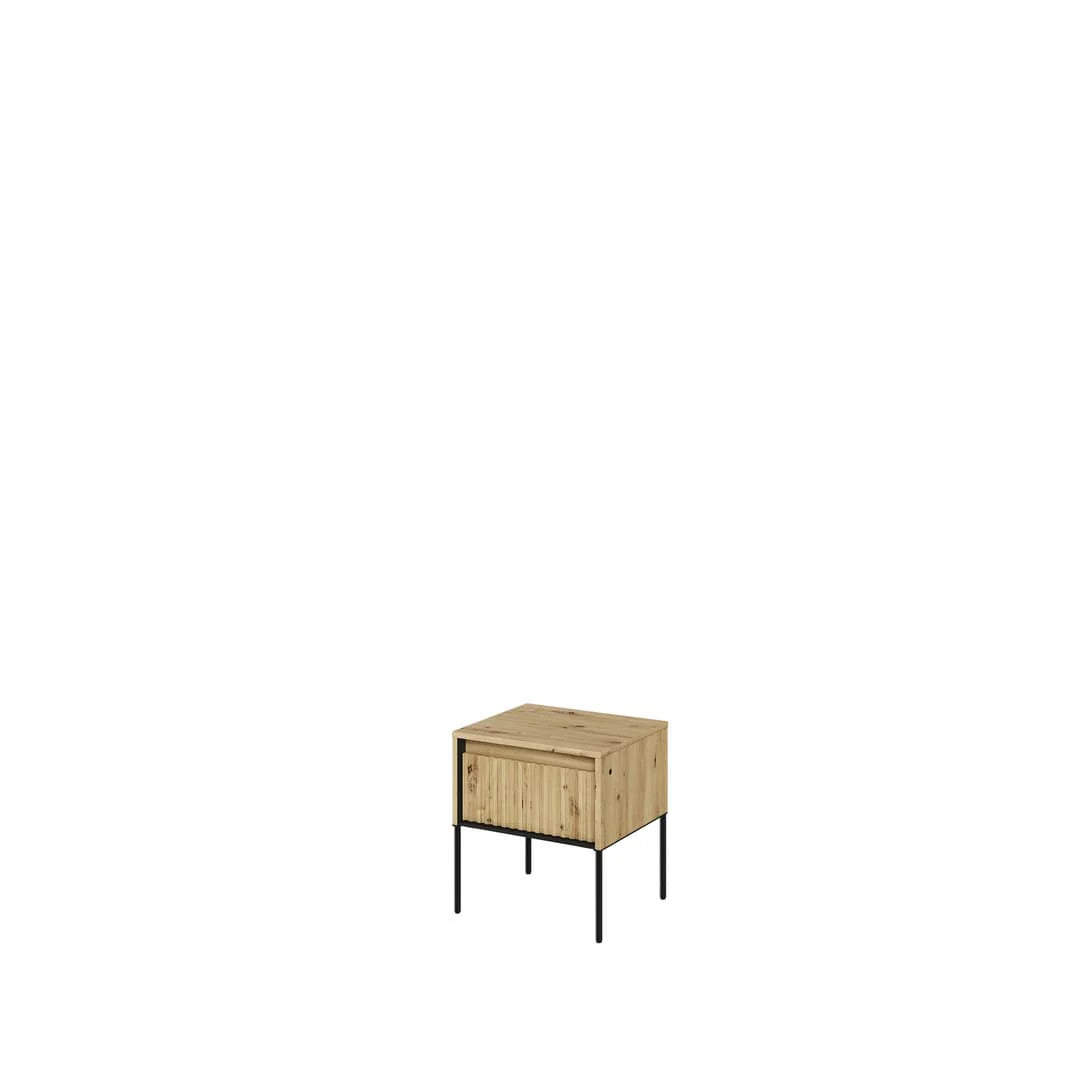 Small bedside cabinet with ribbed drawer front, light wood finish and black metal legs