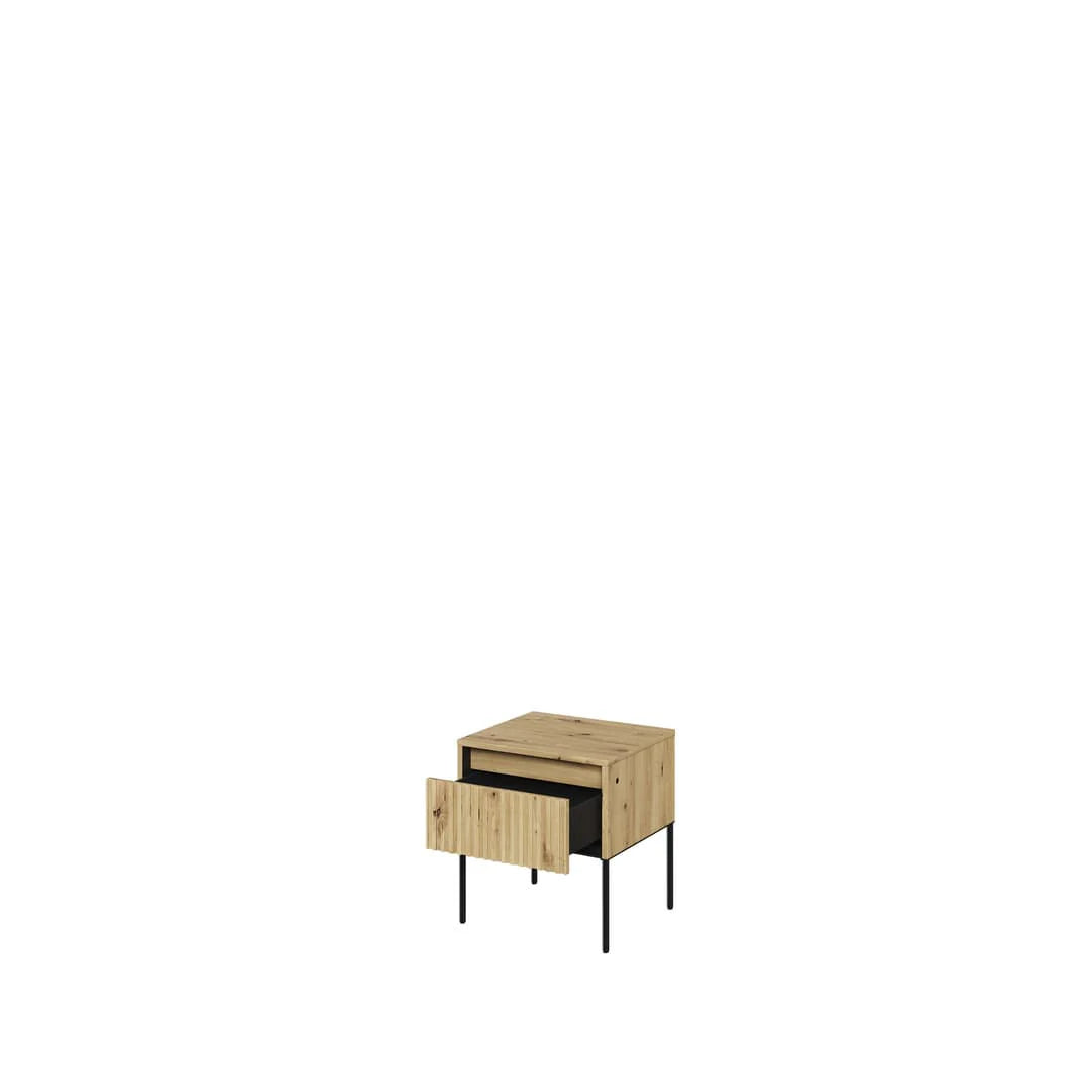 Small bedside cabinet with ribbed drawer front, light wood finish and black metal legs