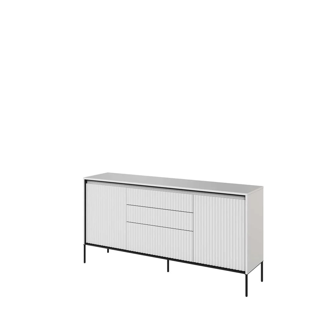 White sideboard with ribbed panel doors, 2 doors and 3 drawers, metal legs