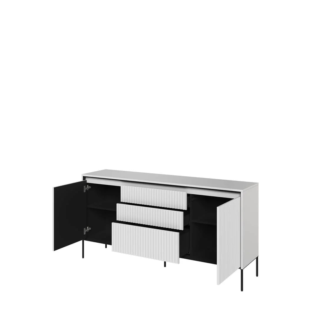 Black sideboard with open doors, 3 drawers and 2 compartments, ribbed fronts