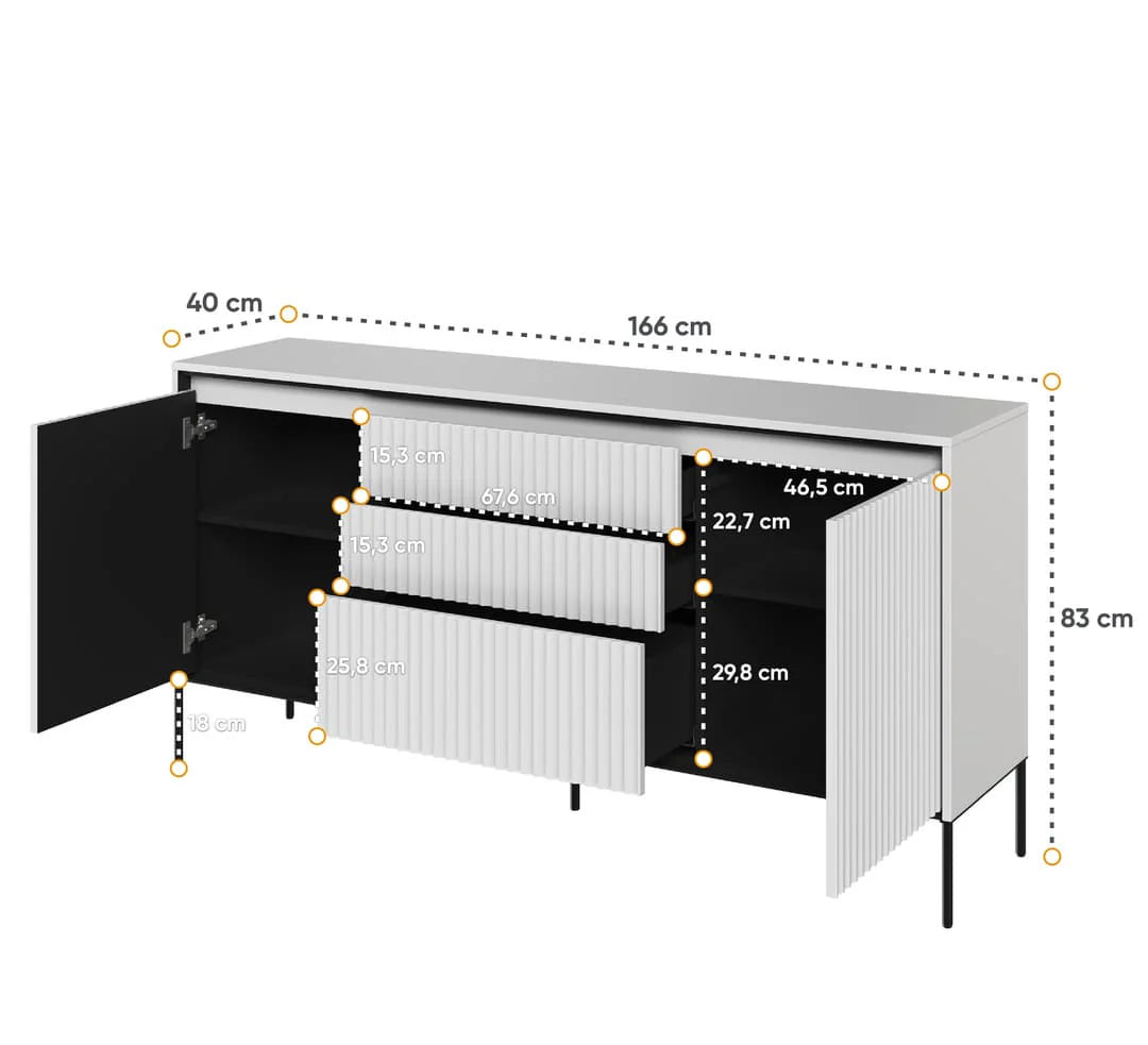 Black sideboard size diagram: 166 cm wide and 83 cm high