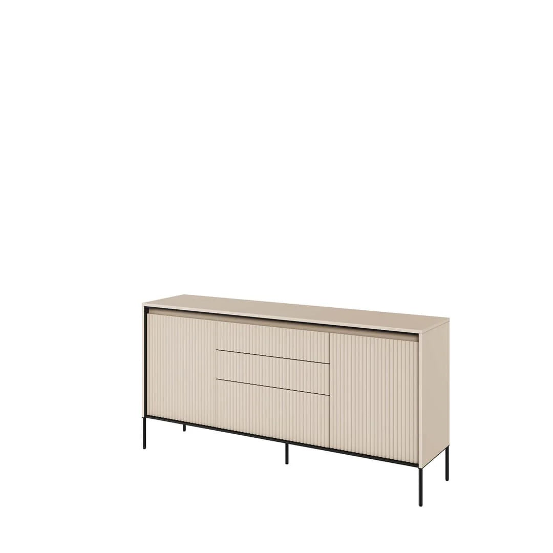 Beige sideboard with ribbed panel doors, 2 doors and 3 drawers, metal legs