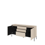 Beige sideboard with open doors, 3 drawers and 2 compartments, ribbed fronts