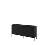 Black sideboard with ribbed doors, 2 doors and 3 drawers, slim metal legs