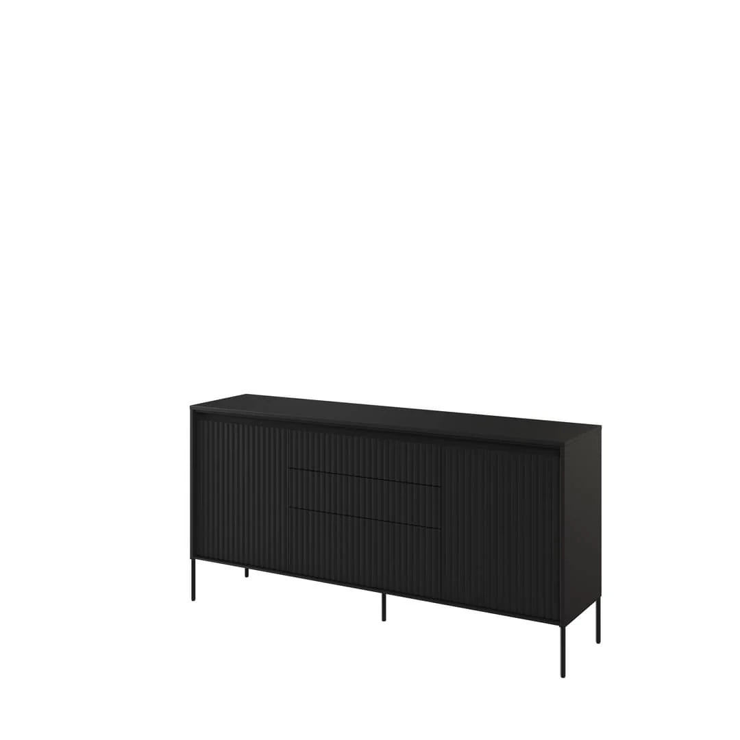 Black sideboard with ribbed doors, 2 doors and 3 drawers, slim metal legs