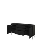 Black sideboard with 2 doors and 3 drawers, doors open to show storage