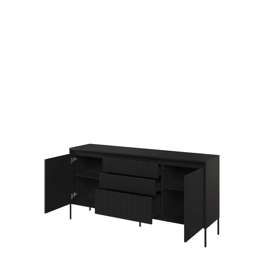 Black sideboard with 2 doors and 3 drawers, doors open to show storage
