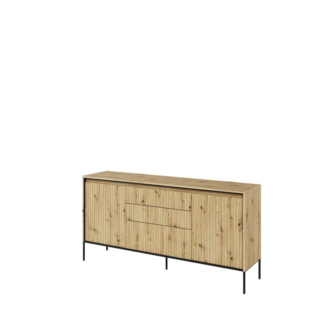 Artisan oak sideboard with ribbed doors, 2 doors and 3 drawers, black metal legs