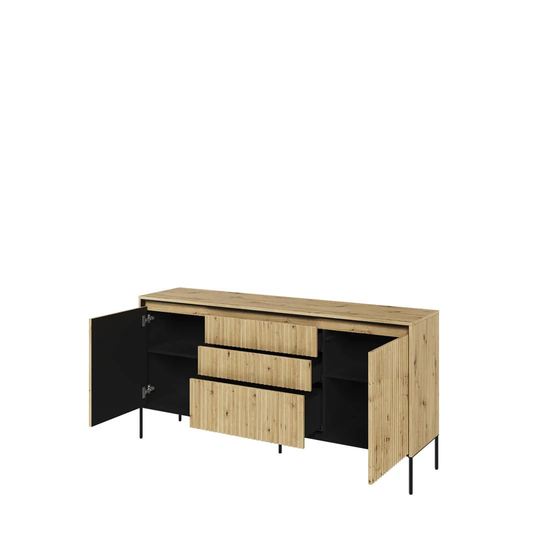 Sideboard with two open doors and three drawers, oak frame with black interior.