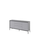 Grey sideboard with ribbed panels, 2 doors and 3 drawers, slim metal legs