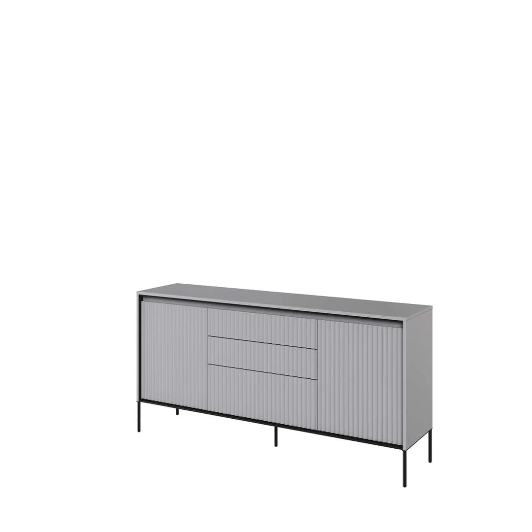 Grey sideboard with ribbed panels, 2 doors and 3 drawers, slim metal legs