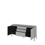 Black sideboard with 2 doors and 3 drawers, doors open, drawer fronts visible