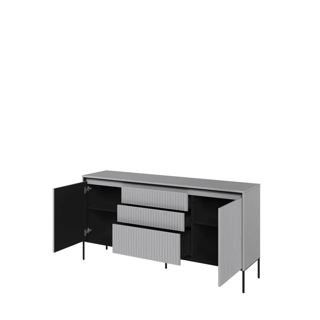 Black sideboard with 2 doors and 3 drawers, doors open, drawer fronts visible