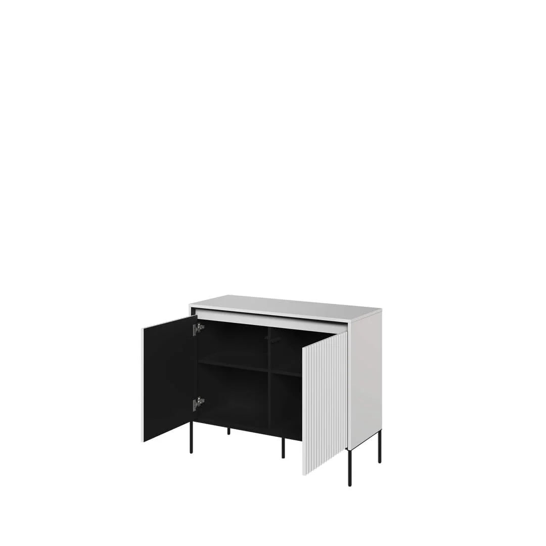 Two-door sideboard with open doors, black interior and white panel doors, black legs