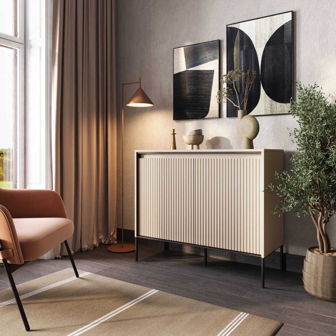 Two-door sideboard with vertical ribbed doors, white top, black legs, pale wood finish.