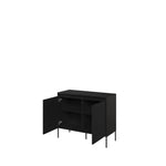 Two-door sideboard with open doors, black interior and dark outer panels, black legs