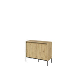 Two-door sideboard in artisan oak finish with ribbed doors and black metal legs