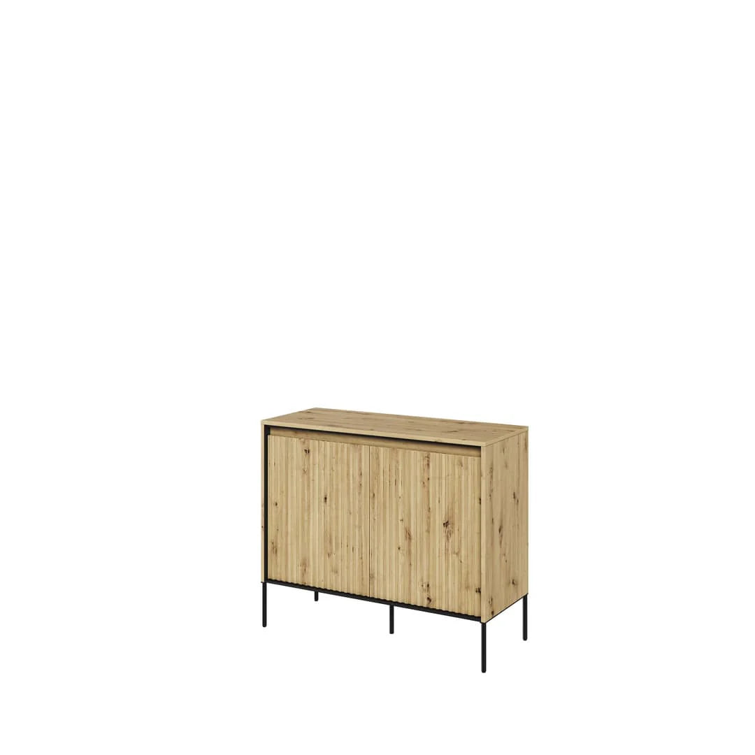 Two-door sideboard in artisan oak finish with ribbed doors and black metal legs