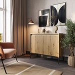 Two-door sideboard with vertical slatted fronts, white top, black legs, light wood body.