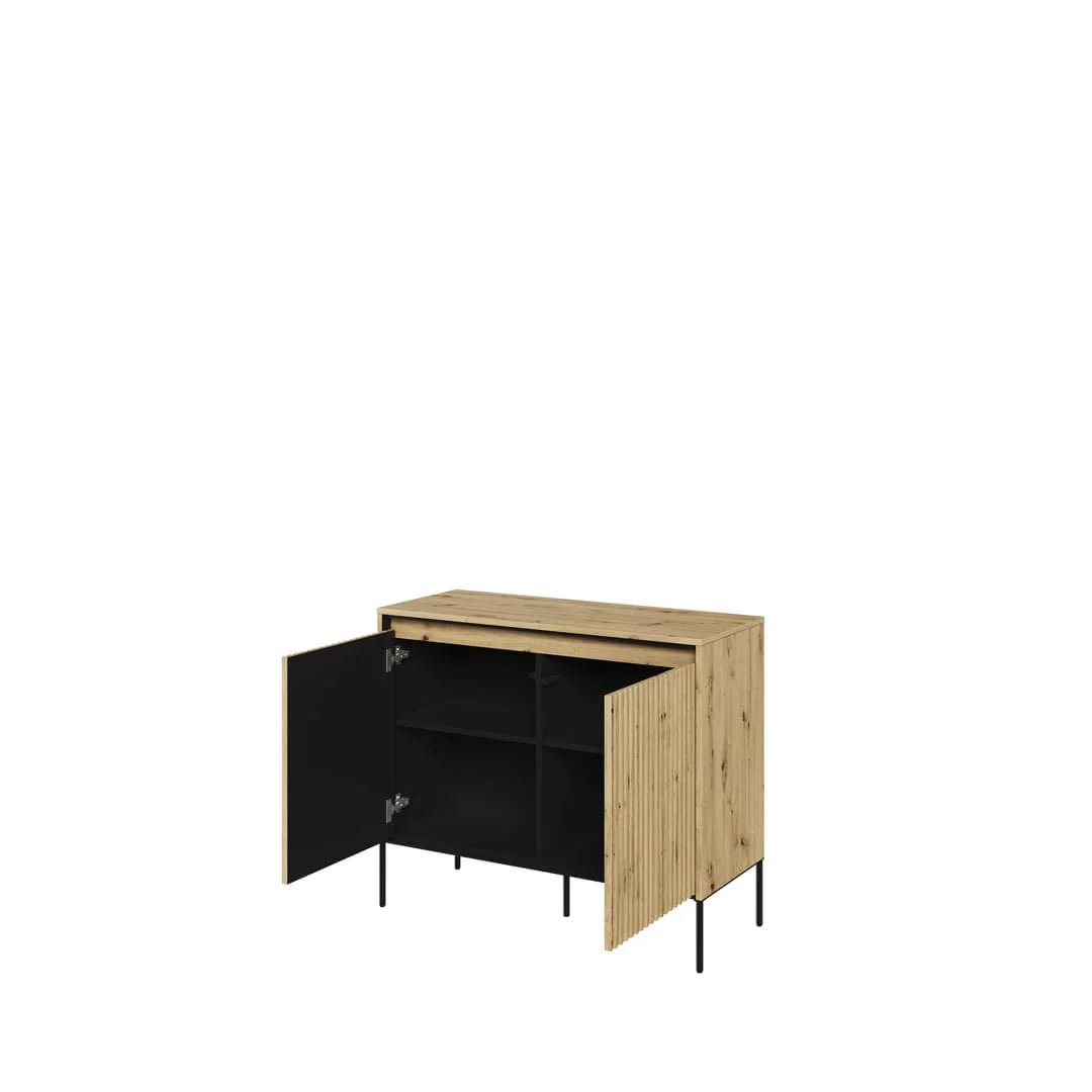 Two-door sideboard with open doors, black interior and light wood panels, metal legs