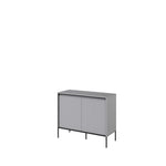 Two-door sideboard in dark grey, vertical ribbed door panels, flat top, thin legs.