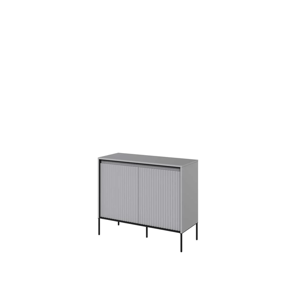 Two-door sideboard in dark grey, vertical ribbed door panels, flat top, thin legs.