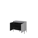 Two-door sideboard with open doors, black interior and light grey outer panels, black legs