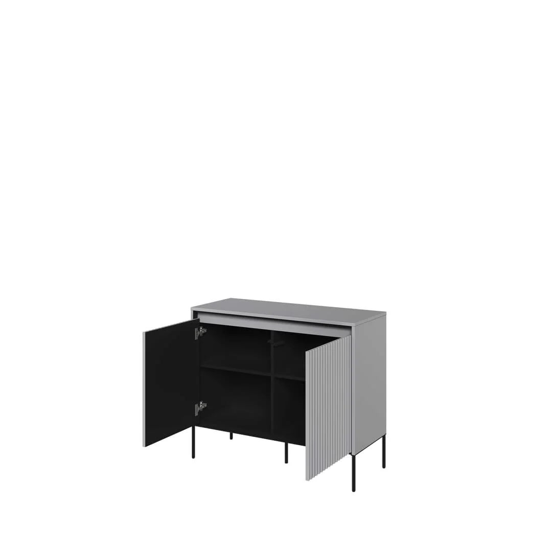 Two-door sideboard with open doors, black interior and light grey outer panels, black legs