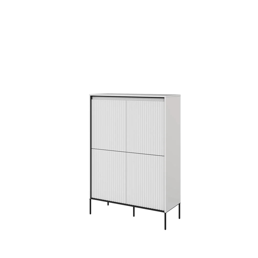 Icon highboard in white matt with vertical ribbed doors and metal legs