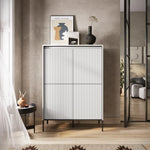 White highboard cabinet with vertical slatted doors and black metal base