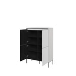 Icon highboard with open doors showing black interior shelves; white exterior
