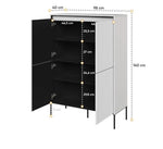 Icon highboard open view with size dimensions marked; black interior and door