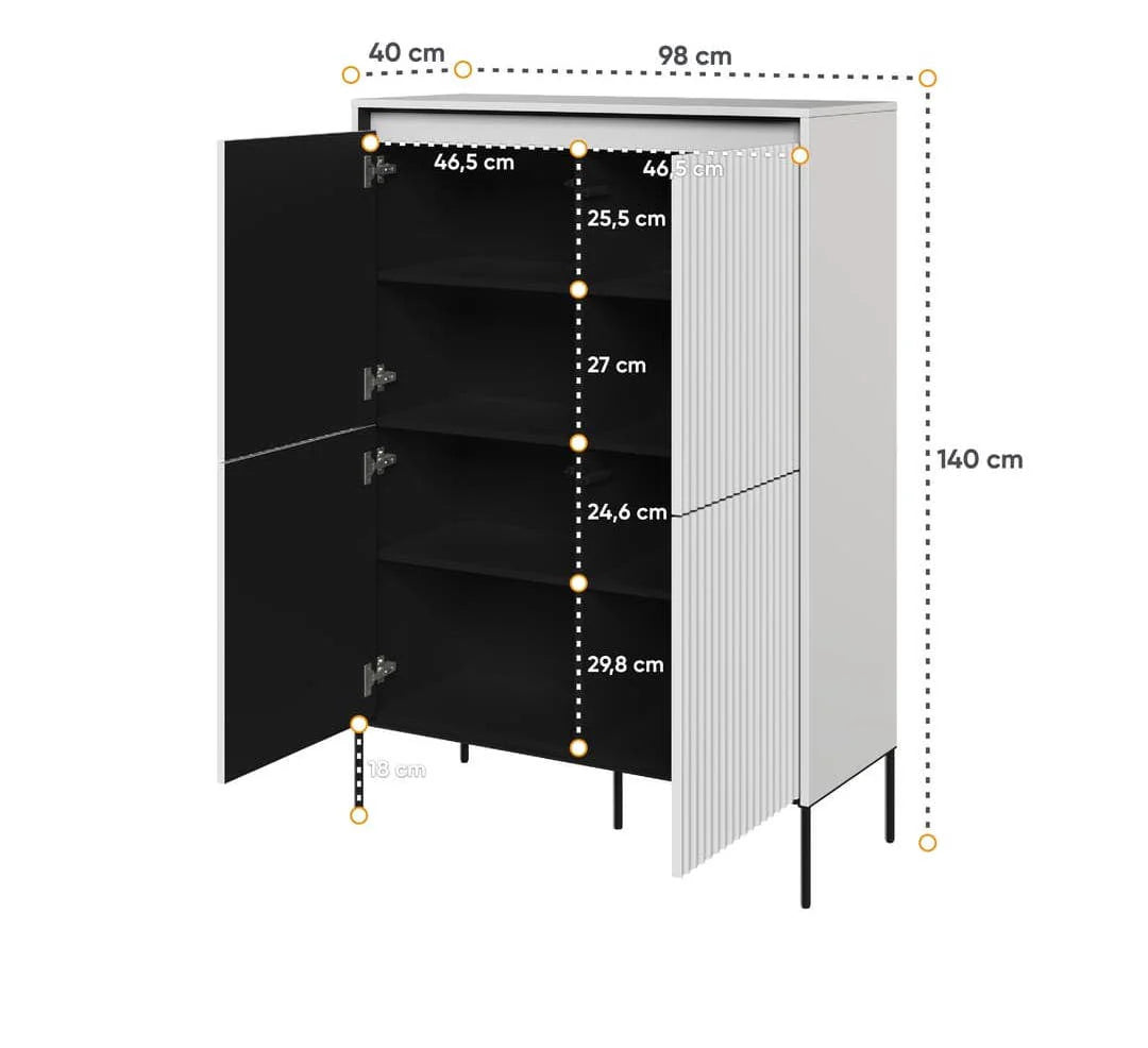 Icon highboard open view with size dimensions marked; black interior and door