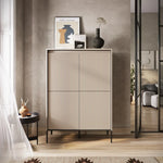 Beige highboard cabinet with vertical slatted doors and black metal base
