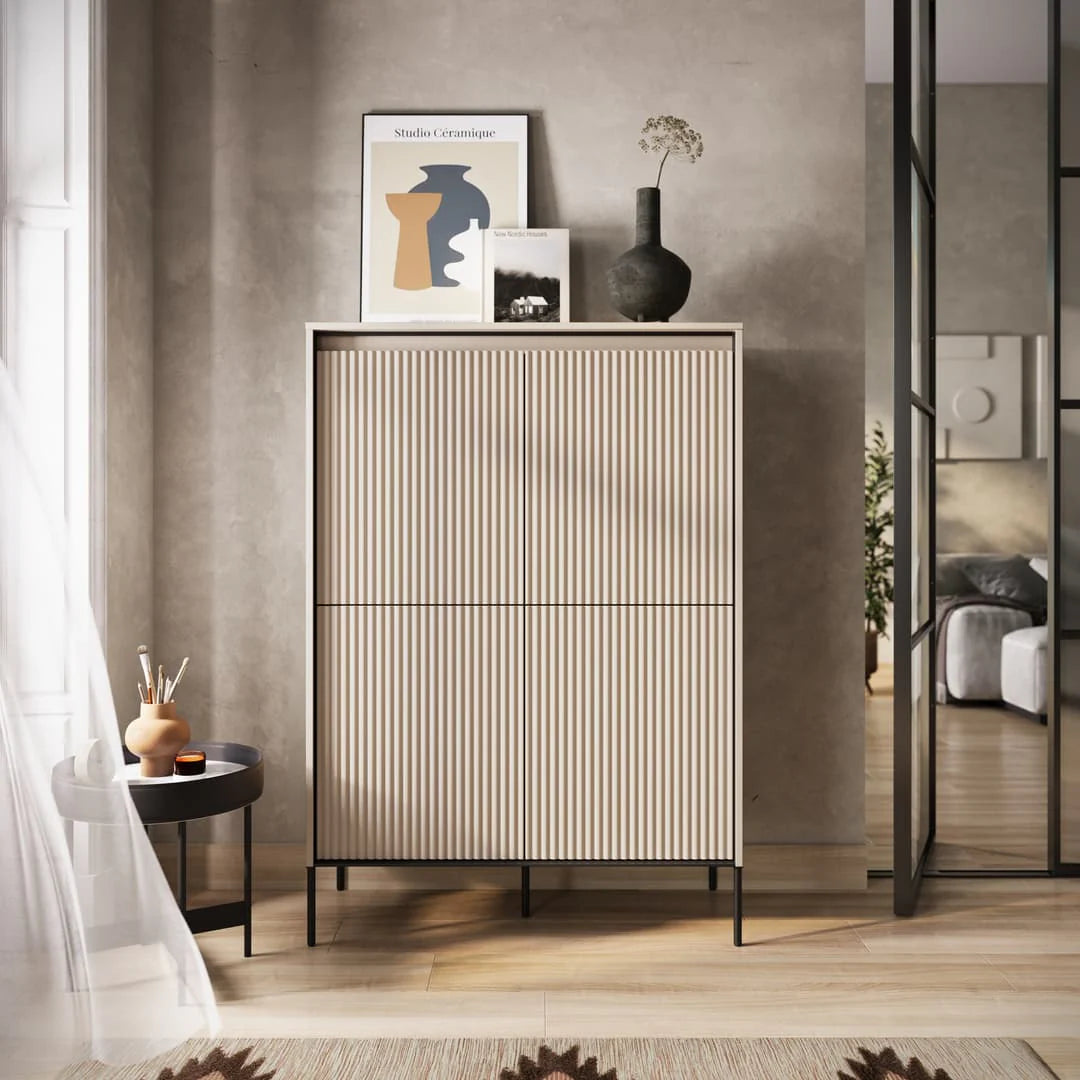 Beige highboard cabinet with vertical slatted doors and black metal base