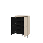 Icon highboard with open doors showing black interior shelves; beige exterior