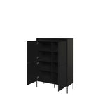 Icon highboard with open doors showing black interior shelves; black exterior