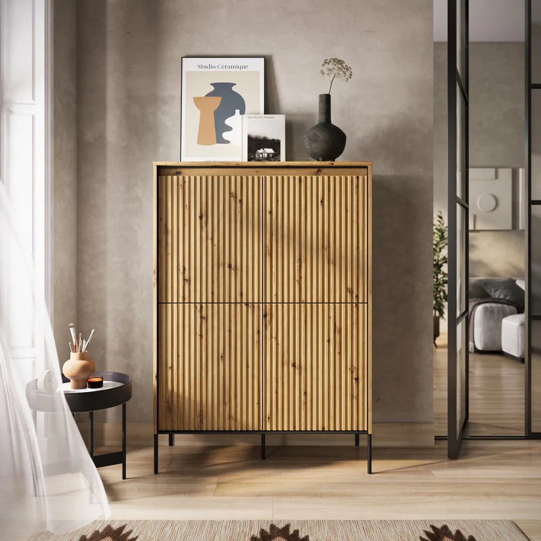 Wood highboard cabinet with vertical slatted doors and black metal legs
