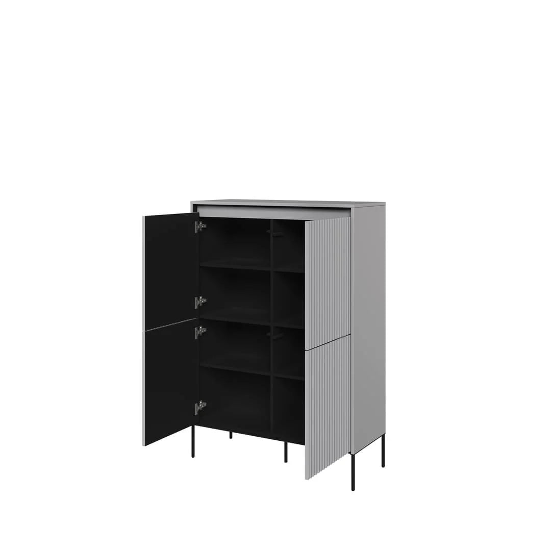 Open highboard cabinet with three shelves, black interior and ribbed gray side door
