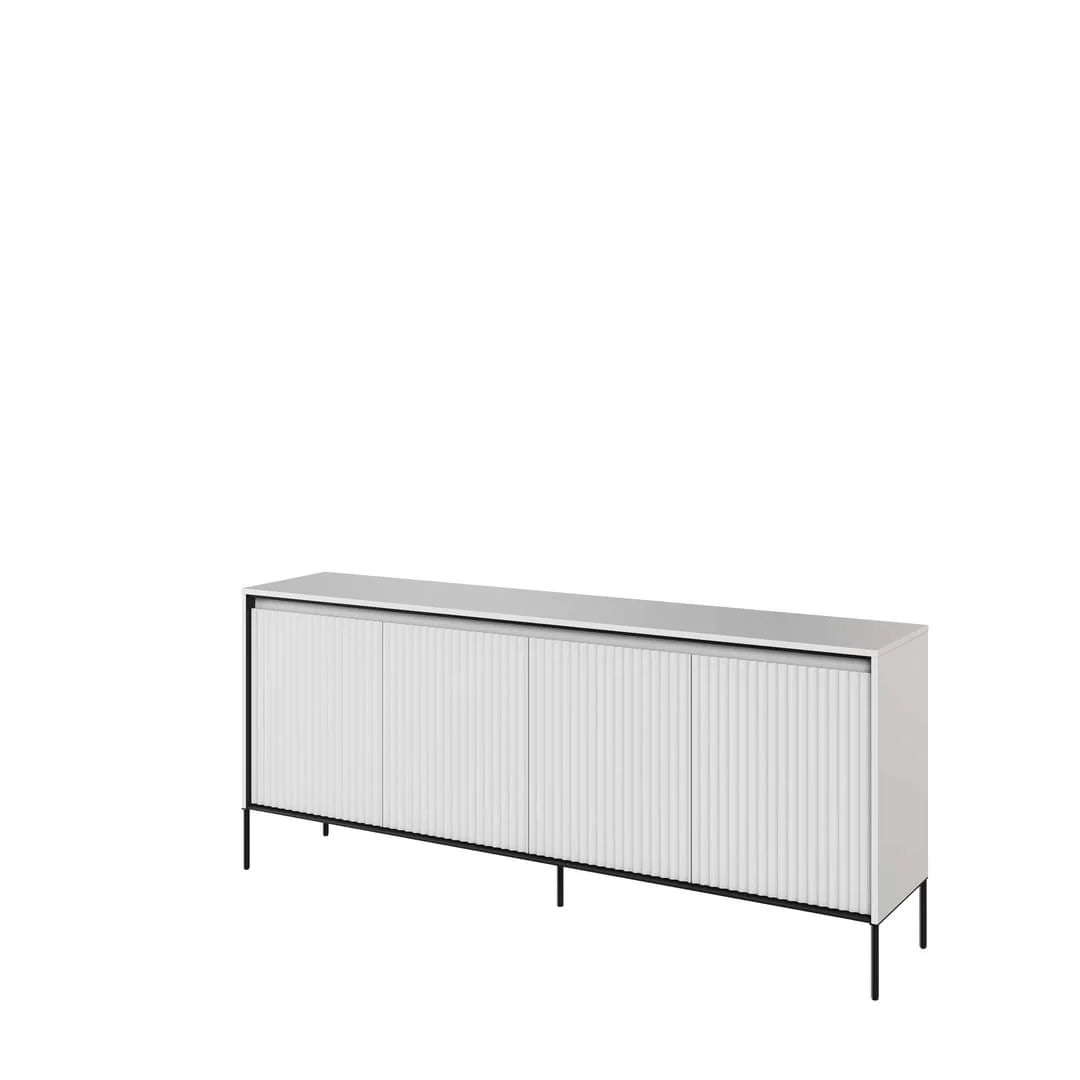 Light grey sideboard with ribbed front doors and slender legs, four-door cabinet design