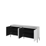 Black sideboard with two open doors, revealing dark interior shelves and storage space