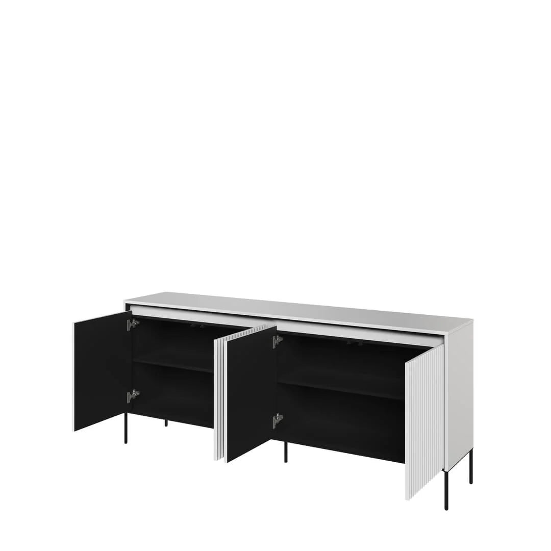 Black sideboard with two open doors, revealing dark interior shelves and storage space