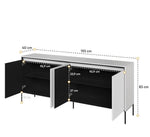Black sideboard open with size diagram showing width and height measurements