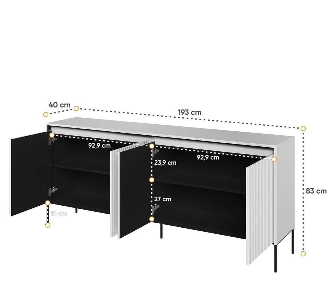 Black sideboard open with size diagram showing width and height measurements